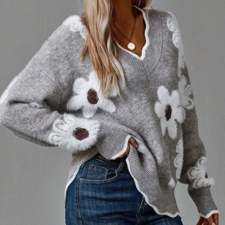 THEA | ELEGANCKI SWETER W KWIATY Z DEKOLTEM W SEREK