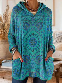 Lisa - retro ethnic print hooded knit tunic with pockets