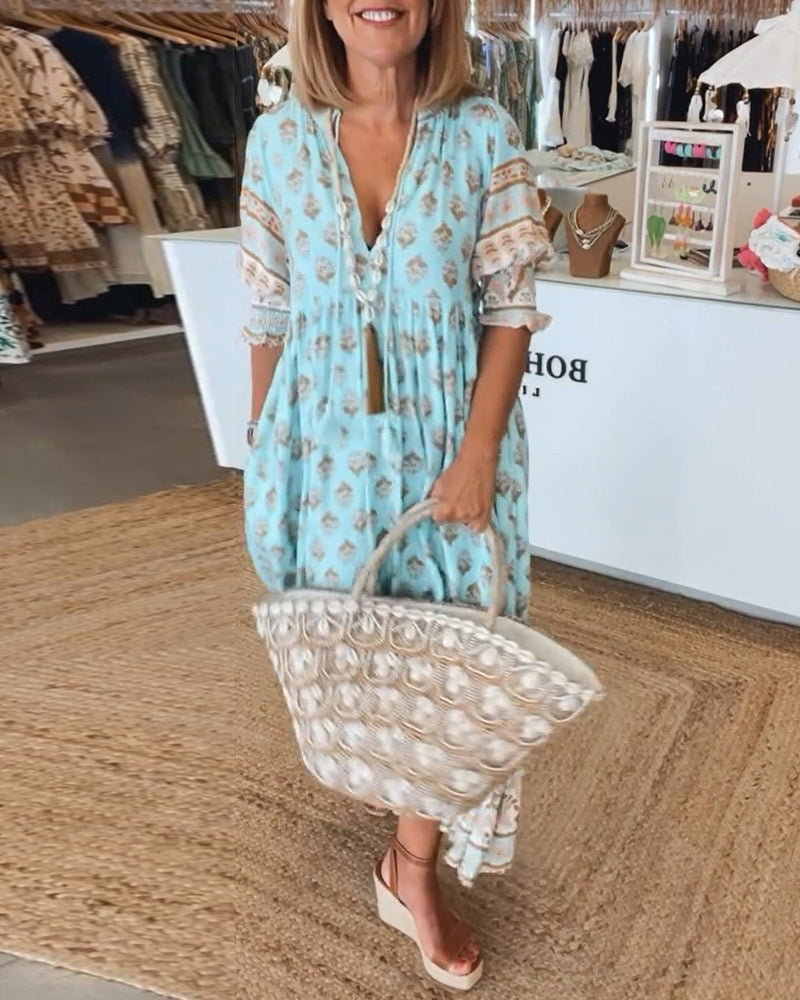 Giulia - sukienka midi z dekoltem w serek i eleganckimi bufiastymi rękawami