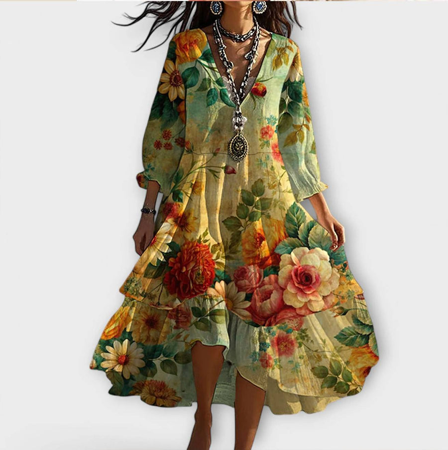 Marina – Długa sukienka maxi w stylu vintage boho z kwiatowym wzorem i dekoltem w serek