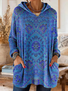 Lisa - retro ethnic print hooded knit tunic with pockets