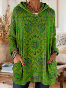 Lisa - retro ethnic print hooded knit tunic with pockets