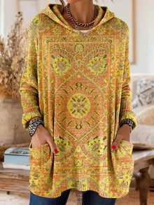 Lisa - retro ethnic print hooded knit tunic with pockets