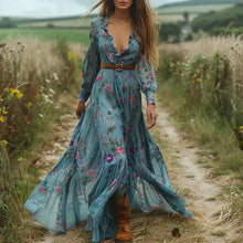 Sukienka Maxi w Kwiatowy Wzór w Stylu Boho z Długimi Rękawami