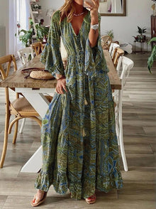 Sukienka maxi boho chic z falbankami i rozkloszowanymi rękawami