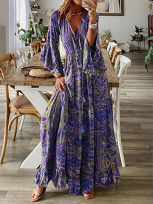Sukienka maxi boho chic z falbankami i rozkloszowanymi rękawami