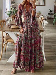 Sukienka maxi boho chic z falbankami i rozkloszowanymi rękawami