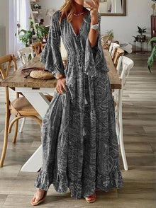 Sukienka maxi boho chic z falbankami i rozkloszowanymi rękawami