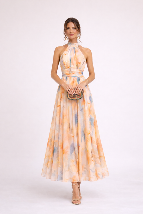 Camille - halter-neck dress in watercolour print