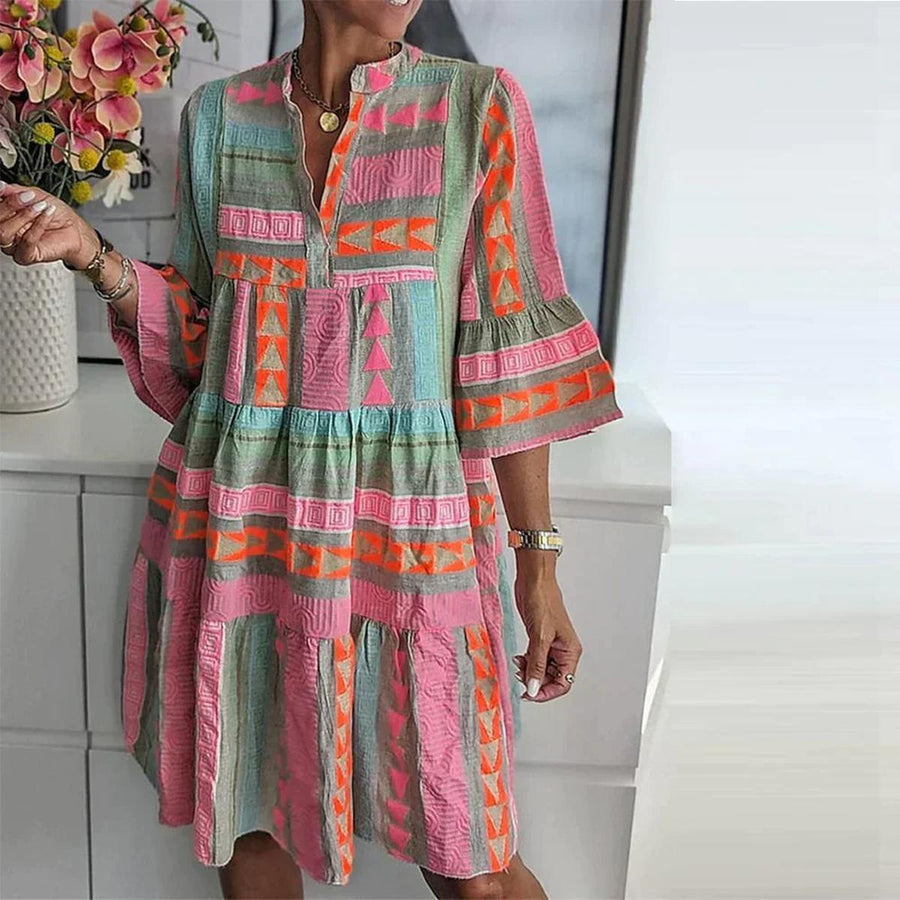 Geometryczna sukienka midi w stylu boho z rękawami trzy czwarte
