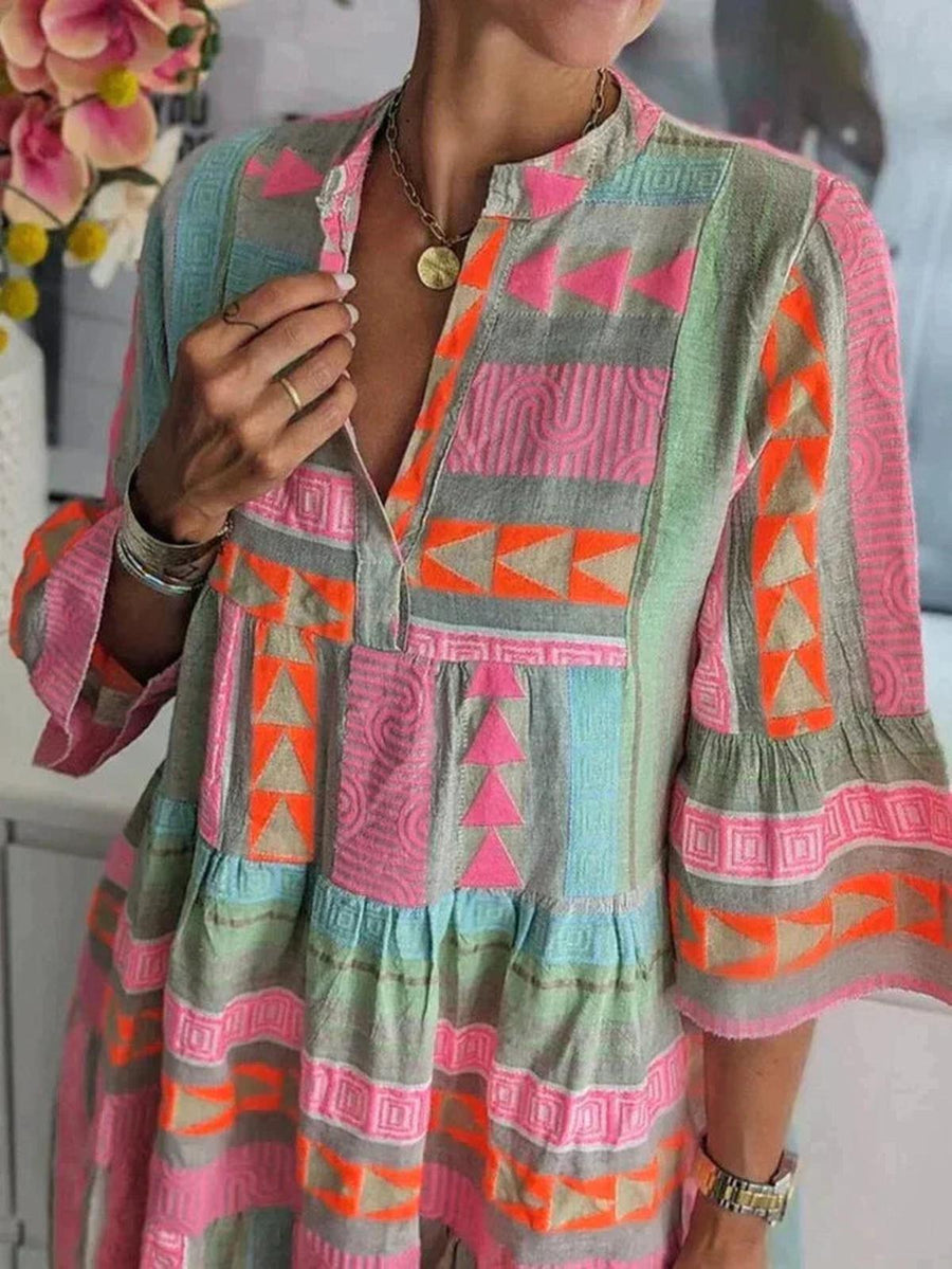Geometryczna sukienka midi w stylu boho z rękawami trzy czwarte