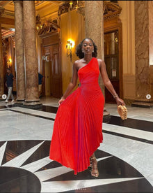 Pleated one-shoulder formal evening gown