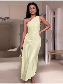 Pleated one-shoulder formal evening gown
