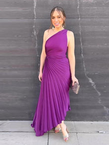 Pleated one-shoulder formal evening gown