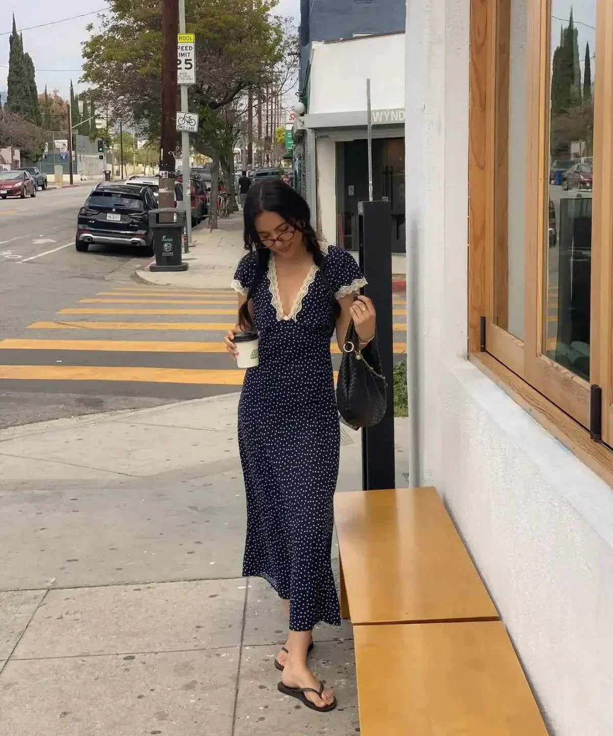 Polka dot lace-trim midi dress