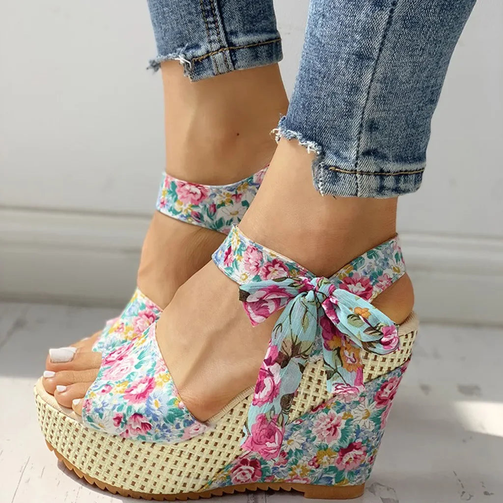 Lily floral lace-up wedge sandals