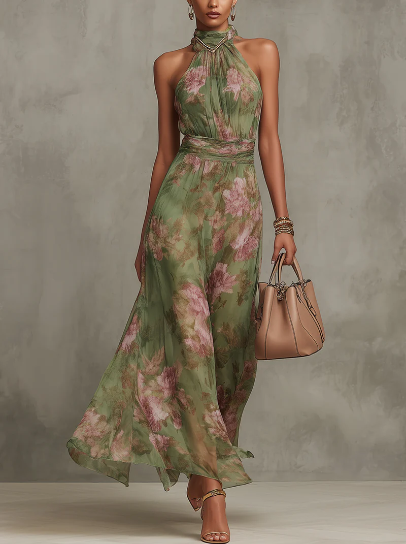 Livia - elegant floral maxi halter dress