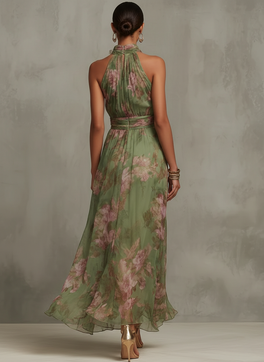 Livia - elegancka kwiecista sukienka maxi z dekoltem typu halter