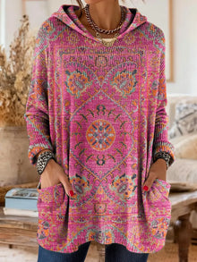 Lisa - retro ethnic print hooded knit tunic with pockets