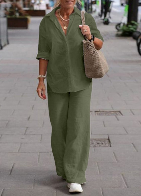 Denice – elegancki, dwuczęściowy komplet w stylu casual – luźna koszula zapinana na guziki i spodnie z szerokimi nogawkami