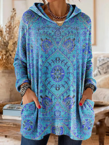 Lisa - retro ethnic print hooded knit tunic with pockets