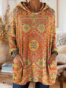 Lisa - retro ethnic print hooded knit tunic with pockets