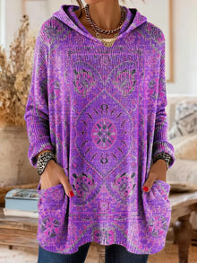 Lisa - retro ethnic print hooded knit tunic with pockets