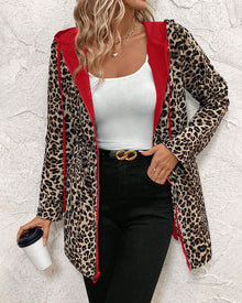 Reversible hooded coat with leopard print