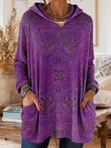 Lisa - retro ethnic print hooded knit tunic with pockets