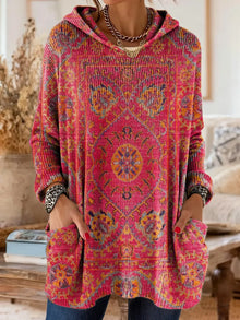 Lisa - retro ethnic print hooded knit tunic with pockets