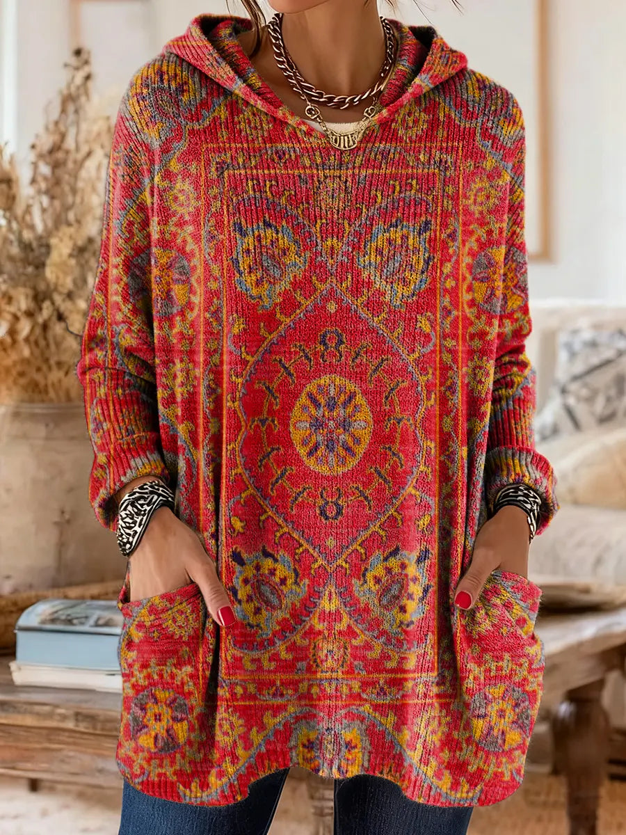 Lisa - retro ethnic print hooded knit tunic with pockets