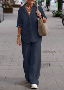 Denice – elegancki, dwuczęściowy komplet w stylu casual – luźna koszula zapinana na guziki i spodnie z szerokimi nogawkami