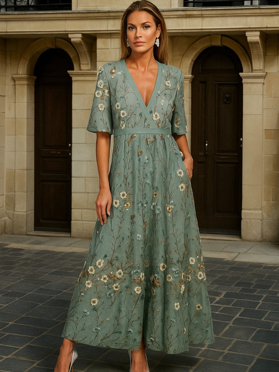 Hazel - elegancka sukienka boho z dekoltem w serek i paskiem